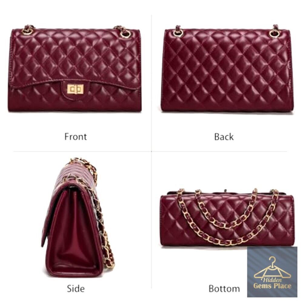 Quilted Crossbody Bag with Chain Strap, Faux Leather, Adjustable, 3 Compartments - Picture 3 of 7
